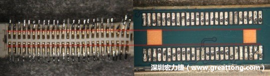 把板對(duì)板連接器與其電路板的佈線焊墊作一個(gè)比較，端子的切斷面有毛邊的地方剛好對(duì)到了裸銅區(qū)。