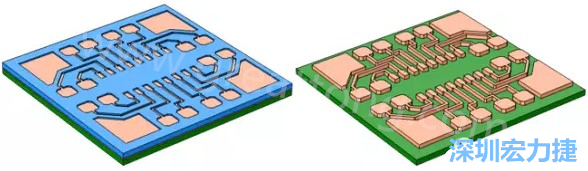 銅被電鍍?cè)趯?dǎo)電種子層之上，從而填滿了PCB板上的圖形化光刻膠腔體(左)。清除光刻膠，蝕刻暴露出的種子層以分隔開(kāi)不同的銅線(右)-深圳宏力捷