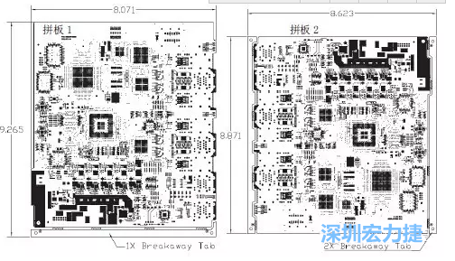 如圖7所示是使用不同數(shù)量邊條的拼板，拼板1僅使用了一個邊條，直接利用PCB另一邊作為SMT工藝傳送邊，并且PCB圖形中有合適的安裝孔；而拼板2則是按常規(guī)設(shè)計了兩個邊條。拼板方式為連接筋。圖中“Breakaway Tab”指邊條-深圳宏力捷