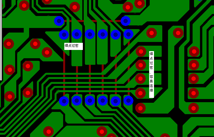 PCB設計焊點過密，易造成波峰連焊，焊點間漏電