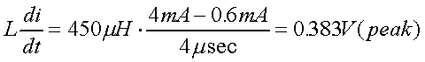 舉例來說，一個閘在"ON"而載有4mA的電流時，突然開關(guān)切到"OFF"且現(xiàn)在載有0.6mA的電流，假設(shè)開關(guān)時間為4msec，載有450mH的電感信號的導(dǎo)體，此時所產(chǎn)生的電壓突波為