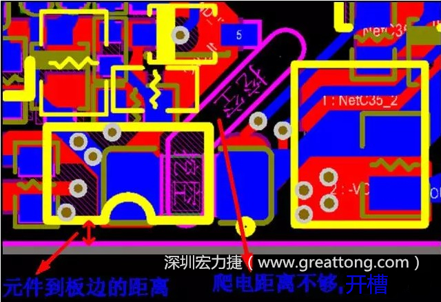 如果碰到模塊PCB空間有限，爬電距離不夠，可以采用開(kāi)槽的方式