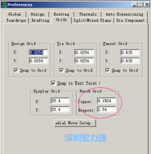  改銅皮的填充網(wǎng)格Global→Design Units，填充方向Drafting→Direction；Hatch Grid中Copper此數(shù)值為大銅箔中所填充的線條中心到中心的距離。