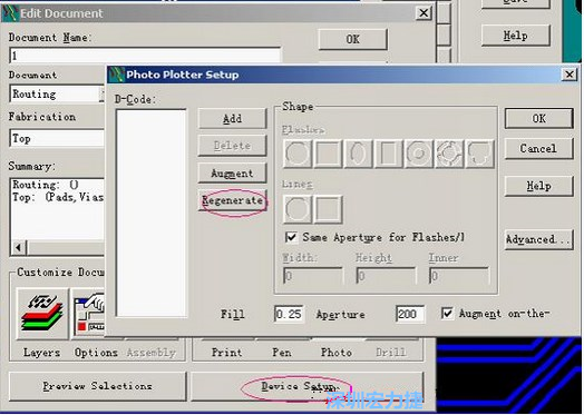 當(dāng)Gerber和鉆孔都設(shè)置完后，選擇一貼片元件較多的層（一般為Top層），點擊Device SetupPhoto，將 Plotter Setup窗口D-Code欄原有的D碼刪除并按Regenerate重新生成