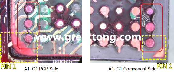 PIN-1的位置很重要，不知道Pin-1在哪里？那你怎么知道斷裂錫球在PCB的位置，如何判斷可能的應(yīng)力(Stress) 影響。一般在PCB的絲印層(白漆)上面一定會(huì)標(biāo)示零件的PIN-1位置，有的未打一個(gè)圓點(diǎn)，有的會(huì)畫三角形，但這張照片在PCB的PIN-1被紅墨水遮住了，如果可以的話建議那一塊沒有紅墨水的板子對(duì)照一下。