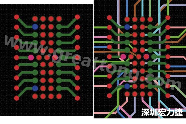 圖7：焊盤內(nèi)過孔用于內(nèi)部，而外部接腳在0.5mm閘格上扇出。圖7a顯示的是頂層(左)；圖7b顯示頂層和內(nèi)部布線層(右)。