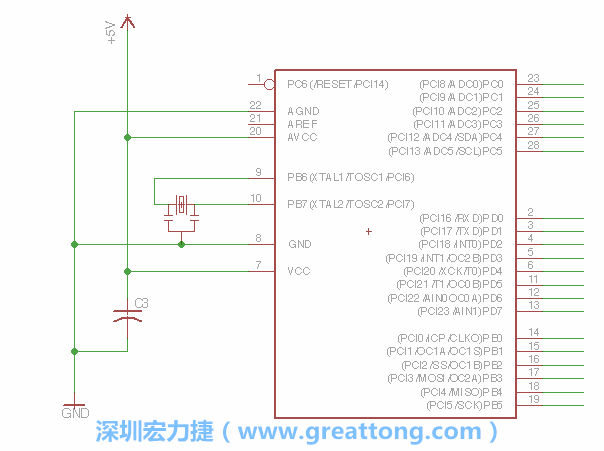 3.2.    在靠近ATmega的電源供應(yīng)針腳7的位置放置一個(gè)0.1μF的電容，將它分別連接電源、接地端和針腳7。