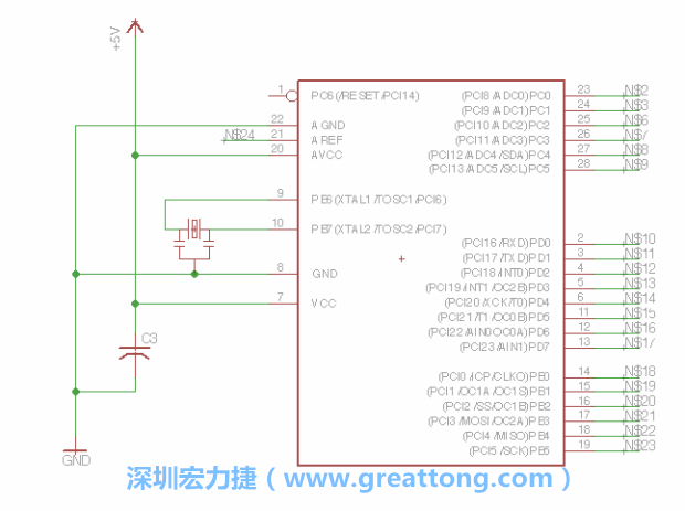 3.3.    將共鳴器（resonator）放置在針腳9和針腳10附近，將它的三個(gè)針腳連接如圖所示，并確認(rèn)最中間的針腳有連到接地端。