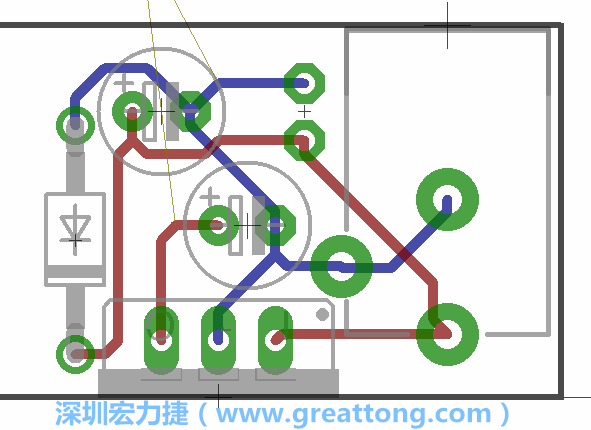 接地連結(jié)點(diǎn)的布線情形如下圖所示，利用這個(gè)練習(xí)來避免電路連線銳角化的產(chǎn)生是一個(gè)不錯(cuò)的選擇，你可以在工具列中的彎曲線路（Wire Bend）選項(xiàng)里改變各種布線的變化。